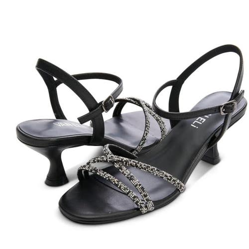 Vaneli Linzy Sandals Women's US 7.5 Black Leather Square Toe Kitten Heel NCZ6