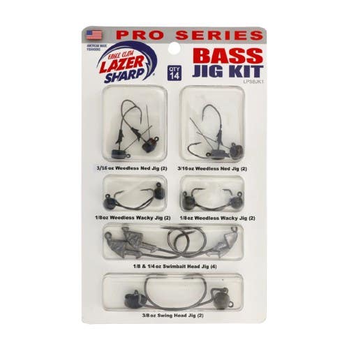 Pack of 14 Eagle Claw Lazer Sharp PRO Series LPSBJK1 Bass Jigs Kit Black DSG188