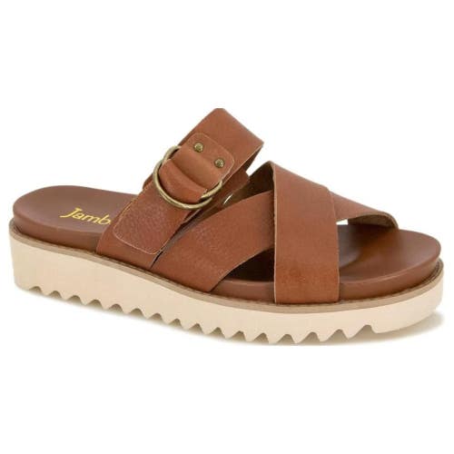 Jambu Frida J3FDA17 Sandals Women's 6.5 B Camel Leather Cross Strap Slide NCZ313