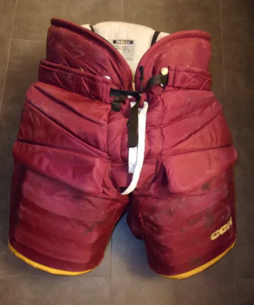 ARIZONA STATE hockey game-worn maroon CCM goalie pants worn by TJ Semptimfelter (2022-24)