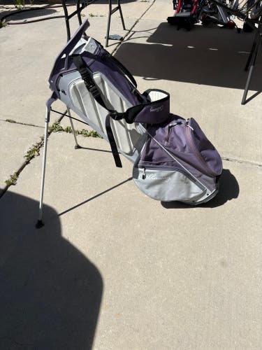 Callaway golf stand bag features a purple and gray design with built-in legs for stability on the co