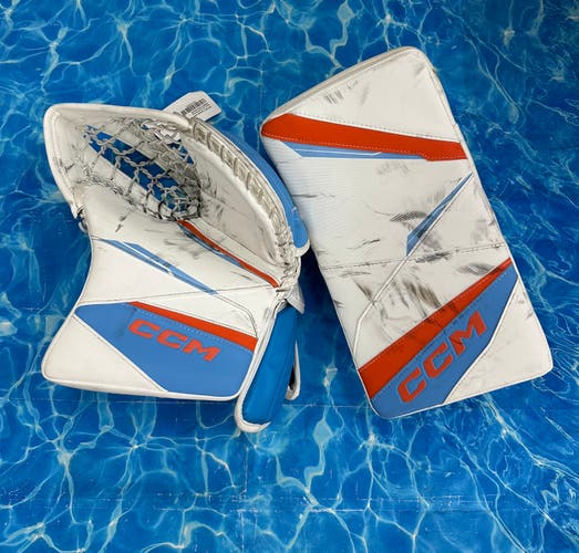 Orange/White/Blue Senior CCM Axis 2 Goalie Gloves & Blockers Regular (Used)