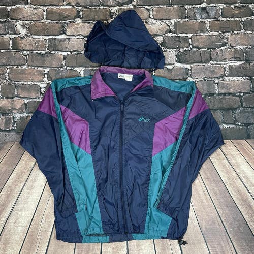 Vintage ASICS Mens Jacket 90s Purple Navy Teal Colorblock Windbreaker Hood Large