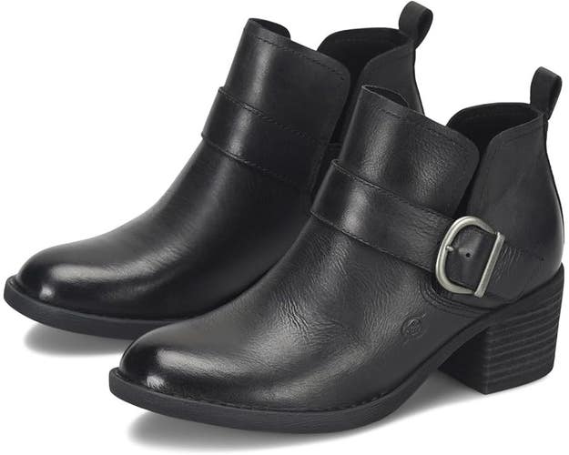 Born Royce Bootie Women's US 6 Black Leather Round Toe Block Heel Boots VER258