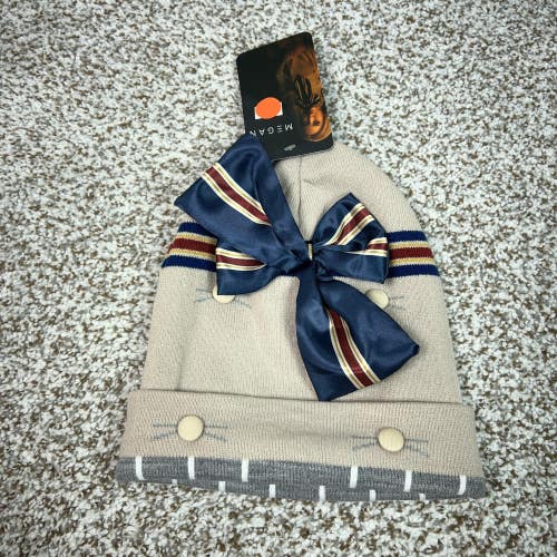 MEGAN Hat Beanie Knit Bow Womens One Size Beige Striped Universal Movie M3GAN
