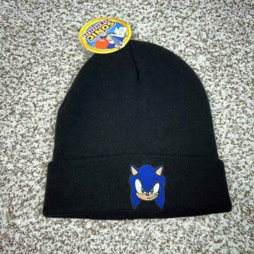 Sonic The Hedgehog Hat Beanie Knit Black Cuffed Patch Graphic Mens One Size SEGA