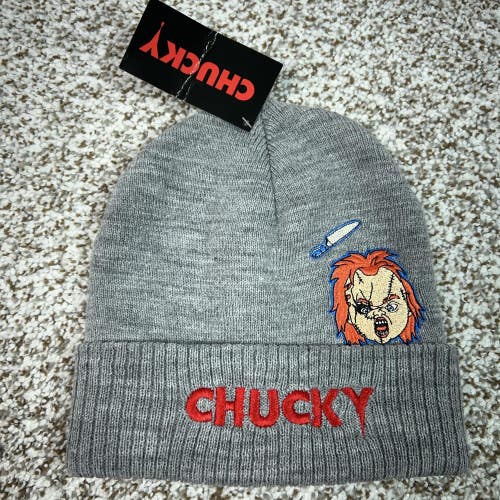 Chucky Hat Beanie Fitted One Size Gray Cuffed Knit Embroidered Horror Movie Mens