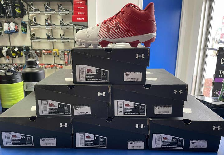 NEW! Under Armour Leadoff Mid RM Baseball Cleats - Senior RED
