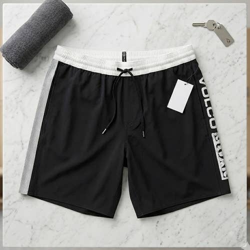 Volcom Jones Trunk 18 Boardshorts Mens XL Black White Logo Swim NWT A2502500
