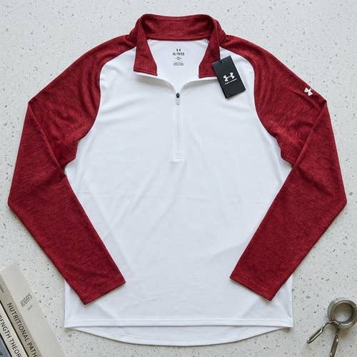Under Armour Tech 1/4 Zip Pullover Mens XL White Red Long Sleeve Shirt NWT