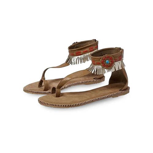 Manitobah Mukluks Wasaga Sandal Women 6 Brown Leather Beaded Ankle Strap ZOGG546