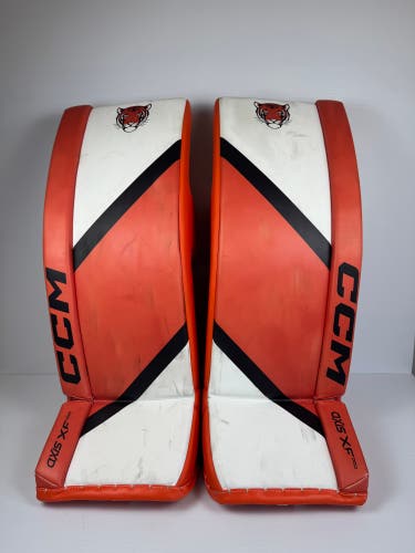 Used 33" + 1" Senior CCM Axis XF Pro Goalie Leg Pads Pro Stock - Orange/White/Black