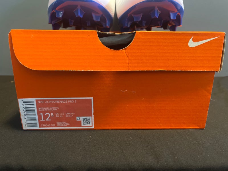 Men's Size M 12.5 (W 13.5) Nike Alpha Menace Pro 3 Mid Top Molded Cleats (New)White/Black-Game Royal