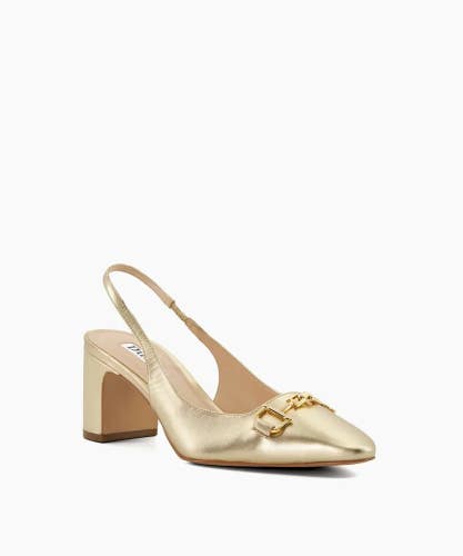 Dune London Sandals Women's US 8 Gold Almond Toe Block Heel Slingback NCZ63