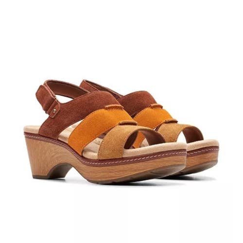 Clarks Seannah Glow 26177434 Sandals Womens US 9.5 B Tan Combi Wedge Heel NCZ296