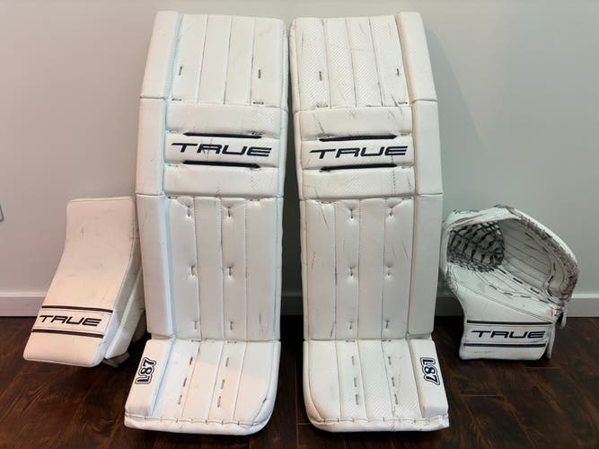 2024 True Catalyst L87 PX3 goalie leg pads and PX4 gloves - 35+2” - white weave navy weave
