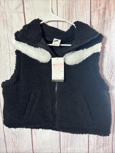 NIKE Vest Womens L Black White SWOOSH Sherpa Fleece Full Zip Outdoor DH1091-010
