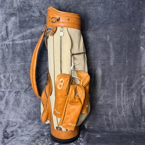 Wilson Staff Pro Vintage Golf Cart Bag Canvas Leather USA Rain Hood 3 Headcovers