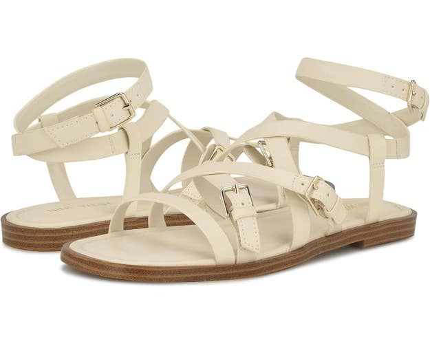 Nine West Rulen Sandals Women's 5.5 M Cream Faux Leather Ankle Strap HTAT734