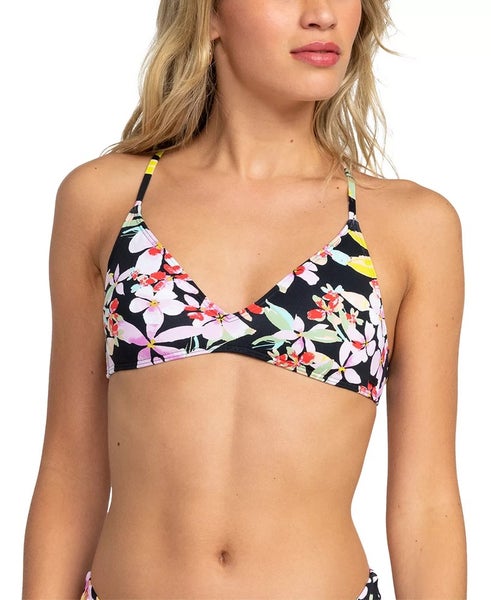 Roxy Beach Classics Bikini Top Women's Large Black Floral Tie Back Beach GBO2655
