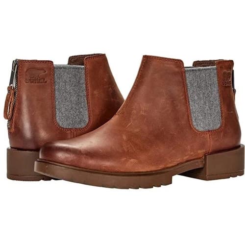 Sorel Emelie II 2004921-242 Boots Women's 8 B Dark Amber Leather Chelsea HTAT716