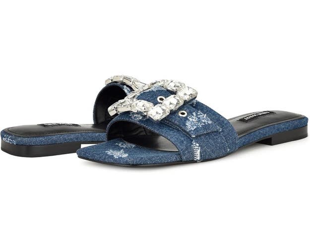 Nine West Matter Sandals Women's 8M Dark Denim Stone Detail Square Toe HTAT731