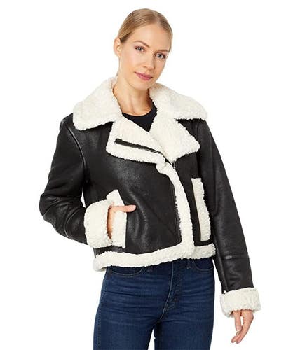 Sam Edelman Jacket Women's Large Black Faux-Shearling Cropped Full Zip GBO323