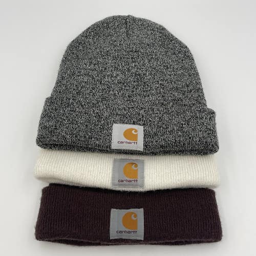 3 Carhartt Adult Knit Cuffed Beanie Hats Caps Logo - One Size Fits All - LOT