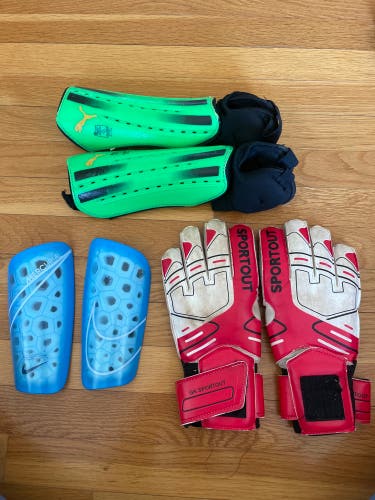 5’7”-5’11” Nike Mercurial Shin Guards, Puma 5’1”-5’9” Ankle Sleeve Shin Gaurds, GK Sportout Gloves