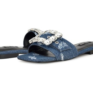 Nine West Matter Sandals Women's 7 M Dark Denim Stone Detail Square Toe HTAT730