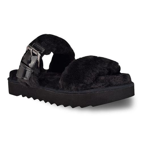 Nine West Funkie Sandals Women's US 6 Black Faux Fur Slip On Flat Slide JOBB217