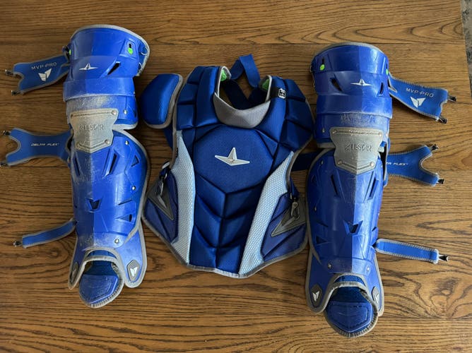 All Star MVP Pro Youth Catchers Set Leg Guards Chest Protector Blue