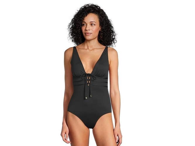 Tommy Bahama Pearl Tie Front One Piece Swimsuits Women's 8 Black Stretch BUU002