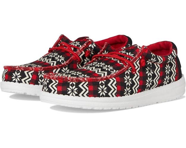 Hey Dude Wally Ugly Sweater 42709-063 Kids C12 Black Red Fair Isle Shoes ZAP329