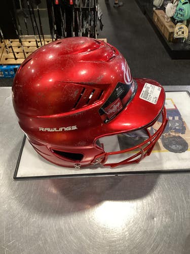 Used Rawlings 6 1/2-7 1/2 RED HELMET Batting Helmet w/Mask Red S/M 11884-S000061150