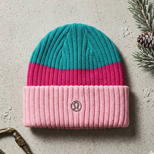 Lululemon Colorblock Knit Beanie Pink Teal Light Pink Cuffed Winter Hat