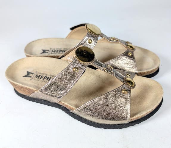 MEPHISTO Air Relax Met Gold Leather Open Toe Slide Wedge Sandals Size: 38 / 7