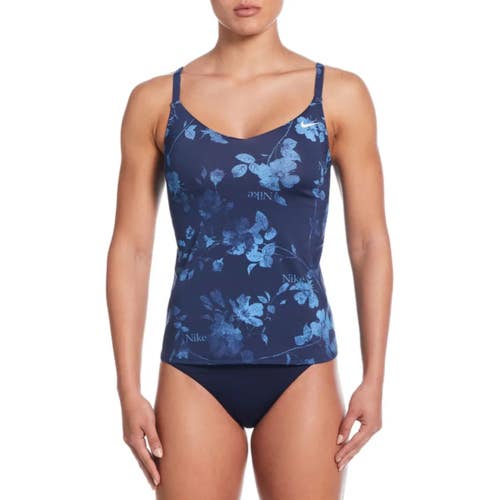 Nike Fine Tankini Top Womens Small Midnight Navy Floral V-Neck Swimwear DSGL1178