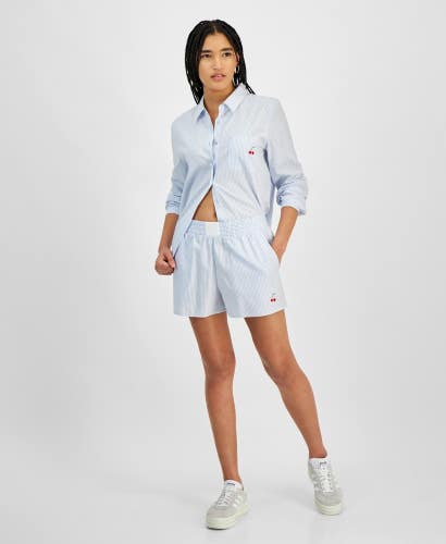 Hippie Rose Boxer Shorts Women Large Blue Striped Flat Front Elastic Waist PAL38