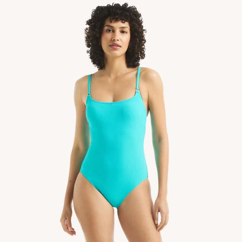 Nautica Swimsuit Women's Small Light Blue Ribbed Scoop Neck One-Piece DSGL1166
