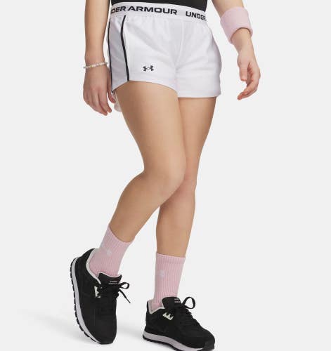 Under Armour Tech Play Up Shorts Girl's White Wordmark Elastic Waist DSGL1179