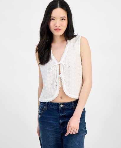 Self Esteem Vest Women's XS White Embroidered Tie Front Scalloped Hem PAL147