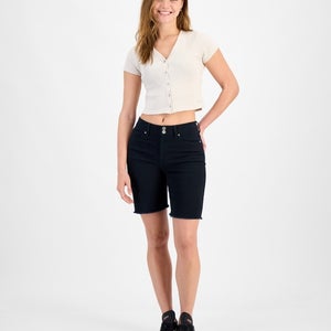 Dollhouse Bermuda Shorts Women's 1 (25) Juniors Black High-Rise Frayed Hem PAL27