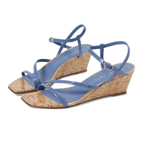 Stuart Weitzman Oasis 50 Sandals Womens 7.5M Blue Square Toe Wedge Heel HTAT1047