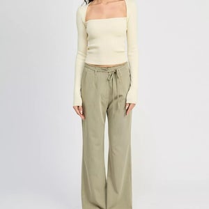 En Saison Roan Pants Women's Small Lichen Belted Waist Wide Leg Zip Fly PAL150