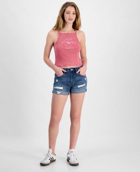 Madden Girl Festival Cutoff Shorts Women's 9 Juniors Blue Denim Distressed PAL46