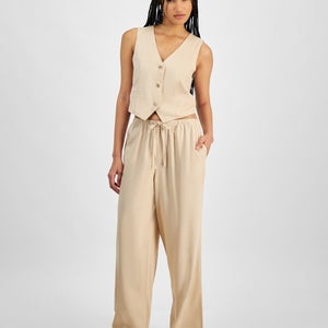 Hippie Rose Pants Women XL Warm Sand Linen-Blend Wide Leg Drawstring Waist PAL71