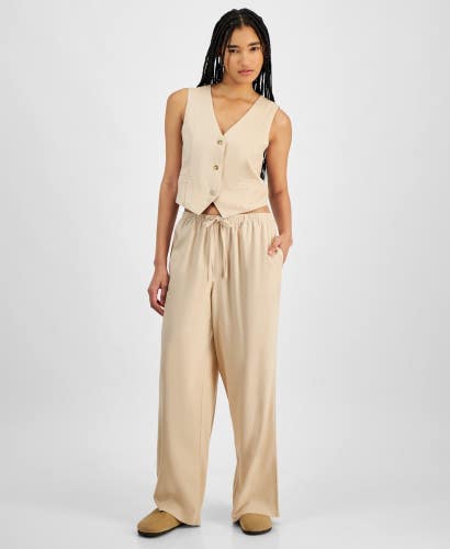 Hippie Rose Pants Women XL Warm Sand Linen-Blend Wide Leg Drawstring Waist PAL71