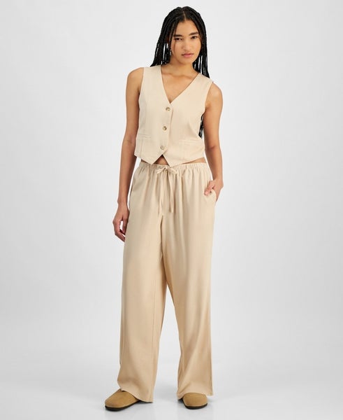 Hippie Rose Pants Women XL Warm Sand Linen-Blend Wide Leg Drawstring Waist PAL71