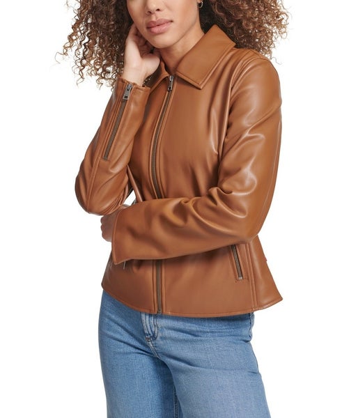Levi's Moto Jacket Women's XS Toffee Faux Leather Laydown Collar Full Zip PAL43